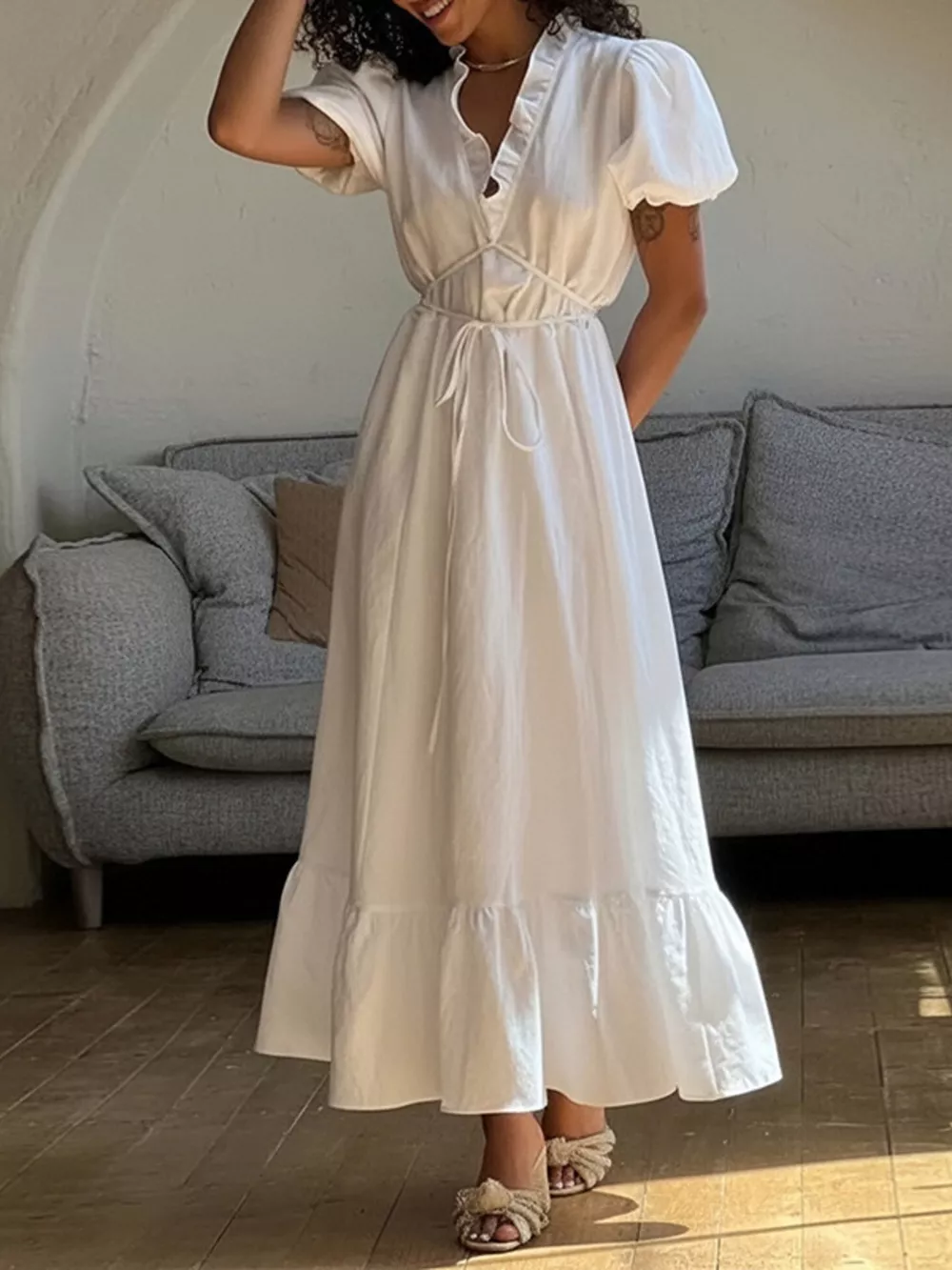 Full Size Puff Sleeve Ruffle Trim Maxi Dress Plus Size, image 2