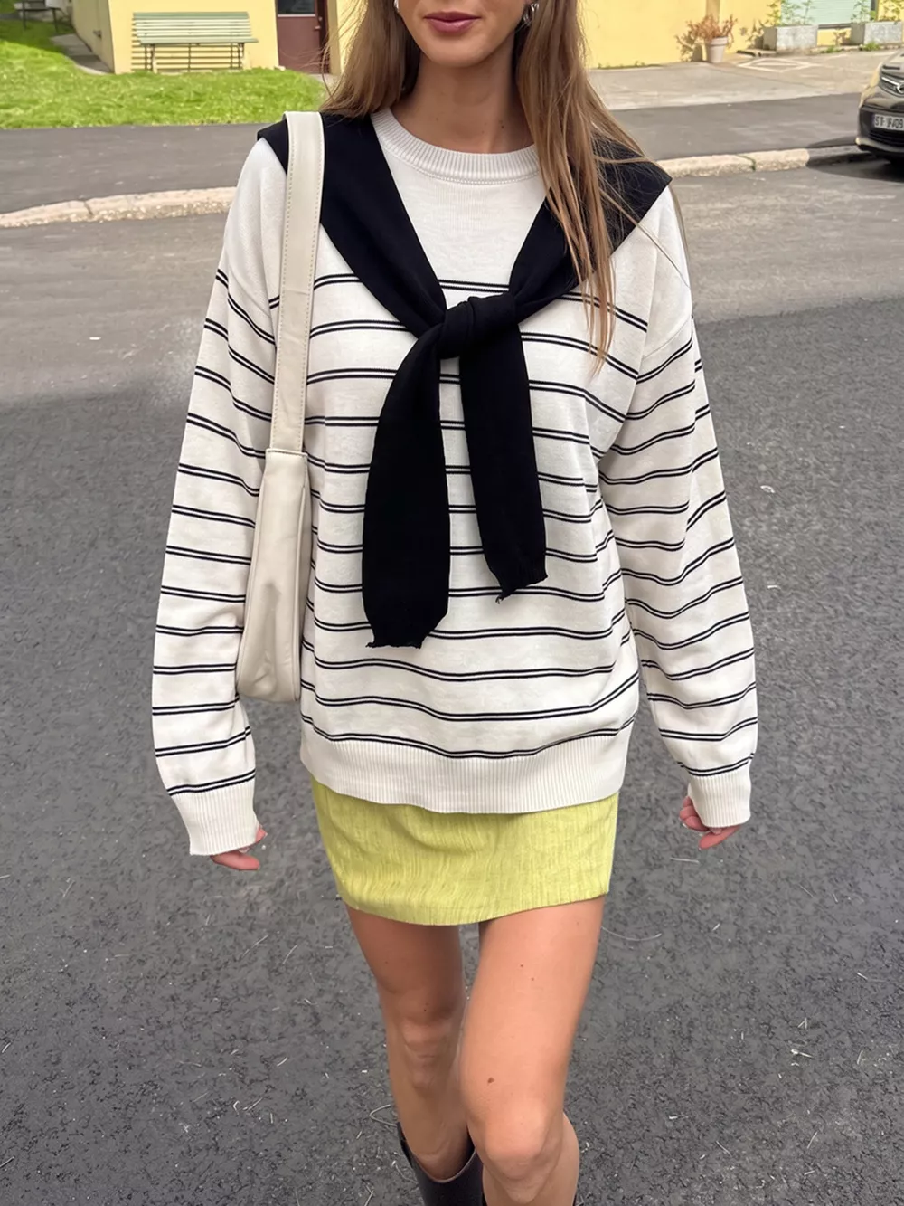 Classic Striped Crewneck Knit Top with Layered Sweater Detail