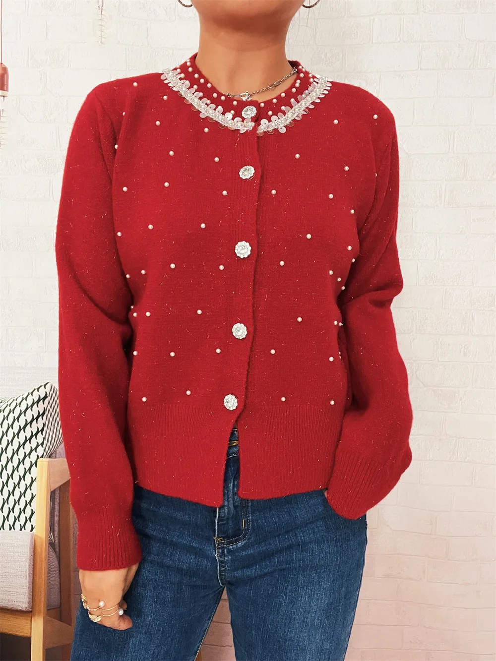 Pearl Detail Button-Front Cardigan, image 3
