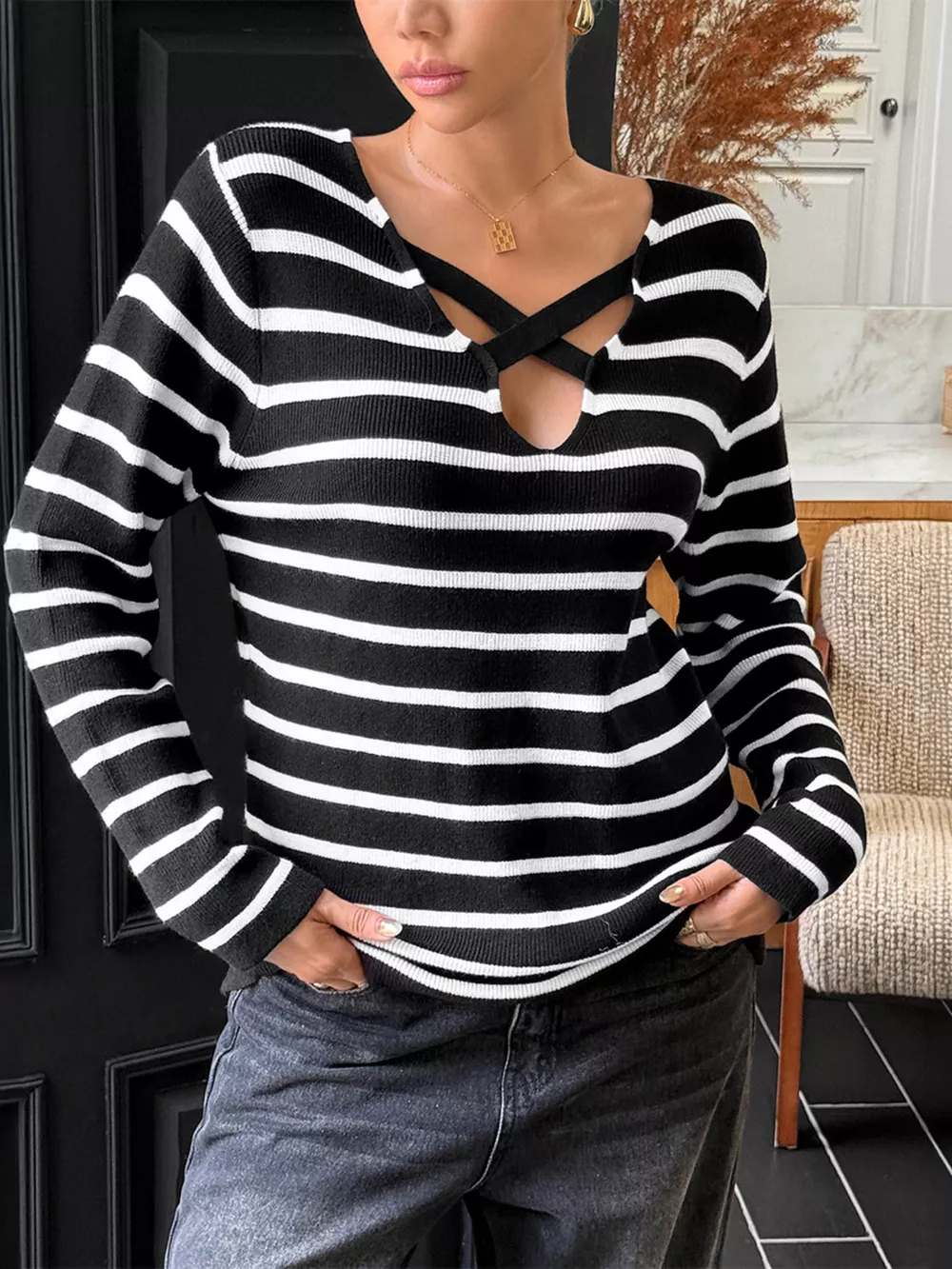 Striped Cross Front Long Sleeve Knit Top, image 2