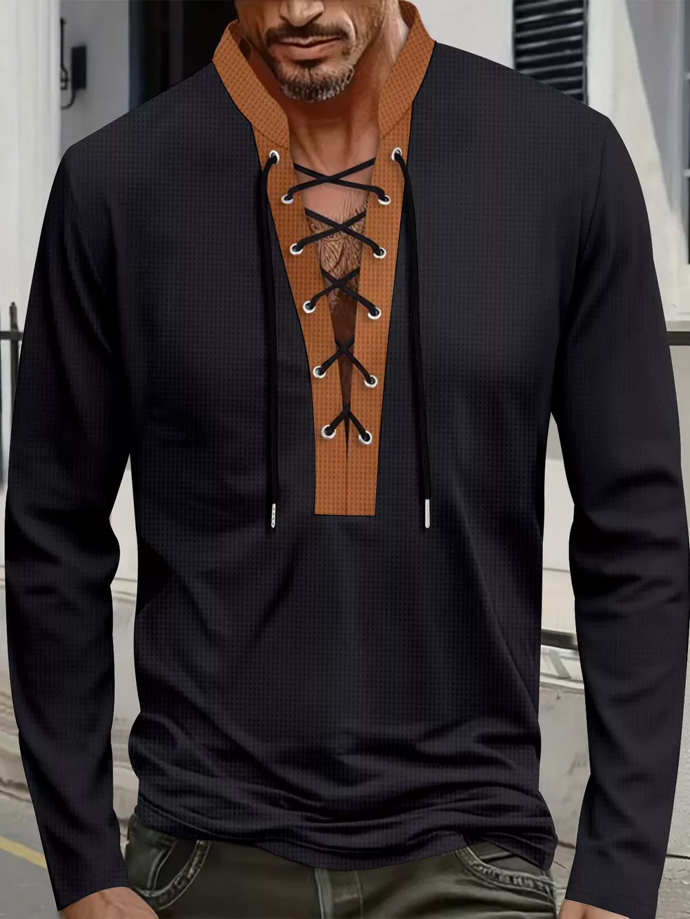 Men's Full Size Vintage Lace-Up Long Sleeve T-Shirt Plus Size