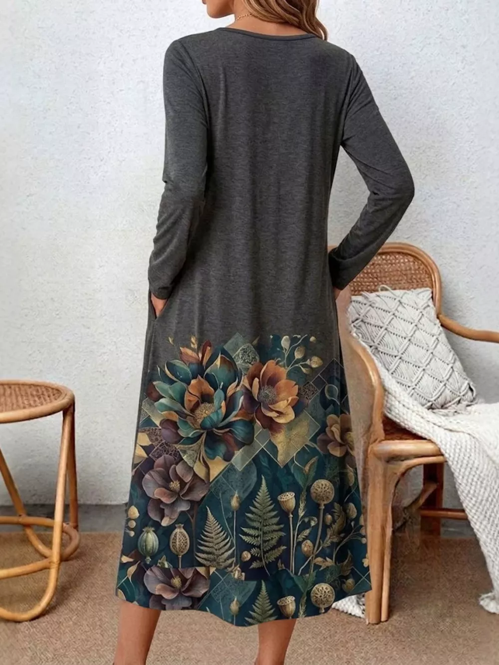 Plus Size Floral Print Long Sleeve Midi Dress, image 3