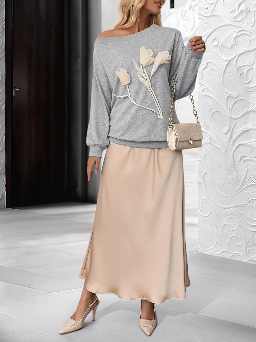 Floral Applique Boat Neck Sweatshirt, image 9