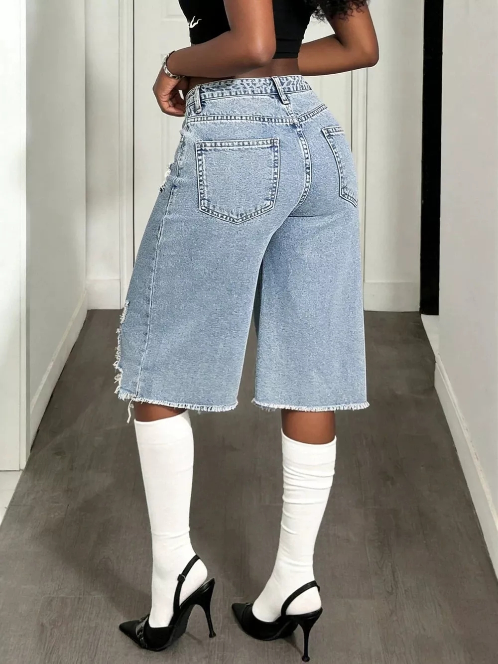 Distressed Wide-Leg Denim Shorts, image 2