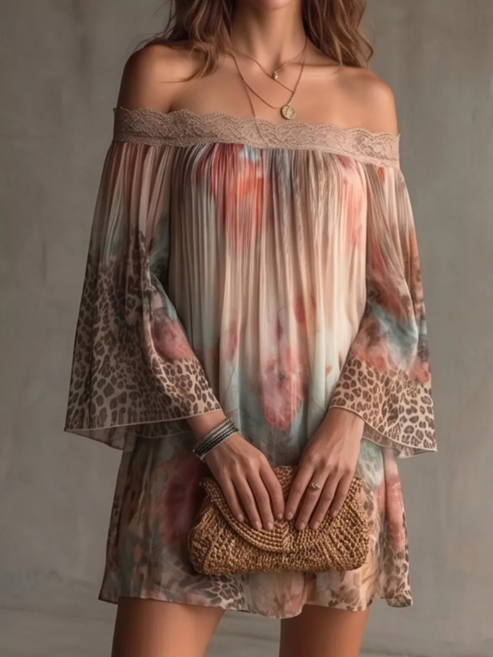 Off-Shoulder Lace-Trimmed Floral and Leopard Print Mini Dress, image 5