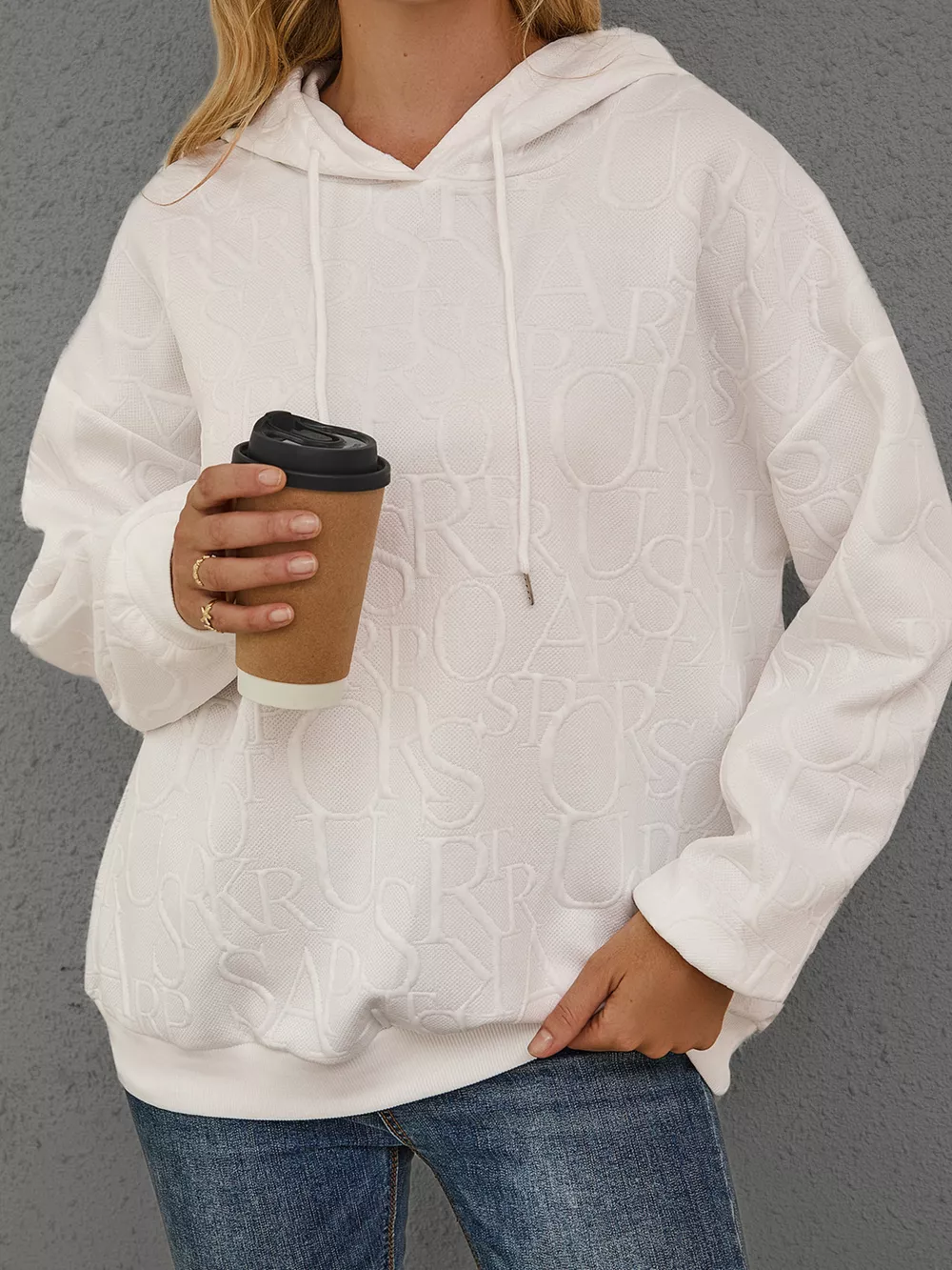 Full Size Embossed Lettering Casual Hoodie Plus Size, image 2