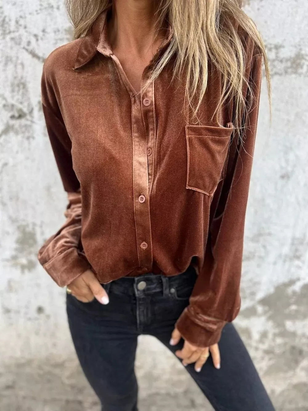 Full Size Velvet Button-Up Long Sleeve Shirt Plus Size, image 11