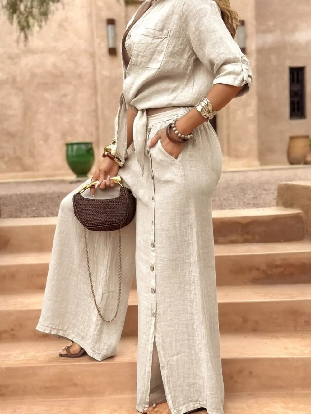 Full Size Button Up Shirt and Wide-Leg Pant Set Plus Size, image 12
