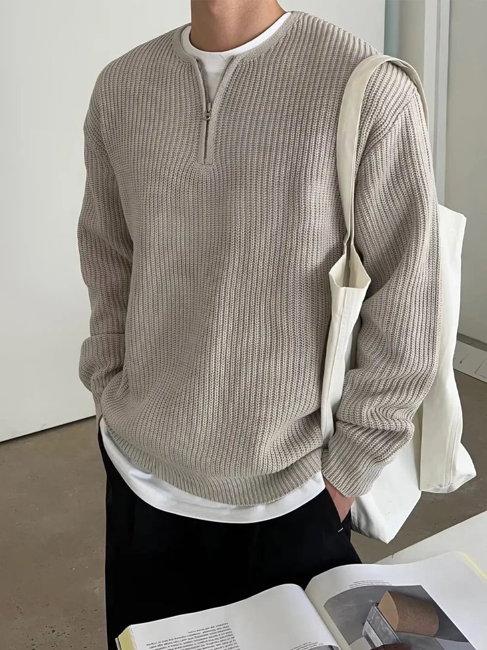 Men's Plus Size Quarter Zip Relaxed Fit Pullover Sweater, image 4