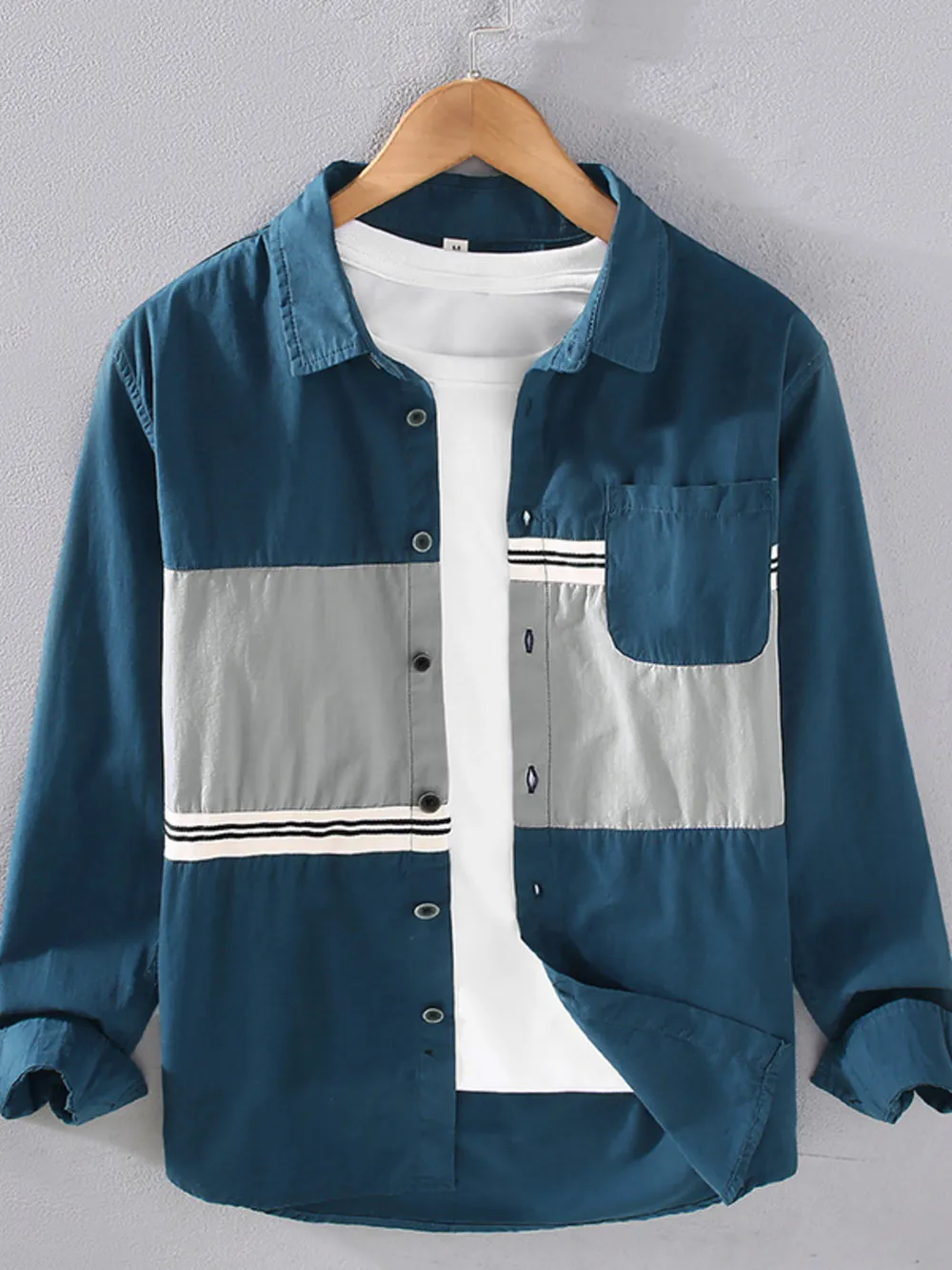 Men's Plus Size Color Block Button Up Long Sleeve Shirt