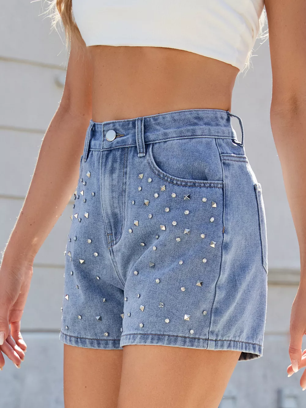 Studded High Waist Denim Shorts, image 10