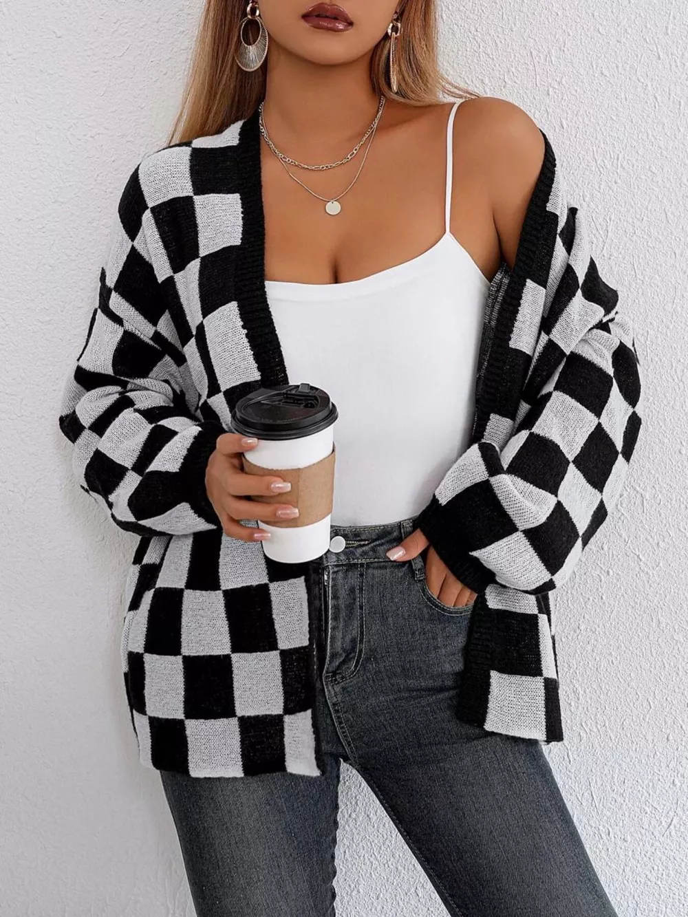 Checkerboard Pattern Open Front Knit Cardigan, image 4