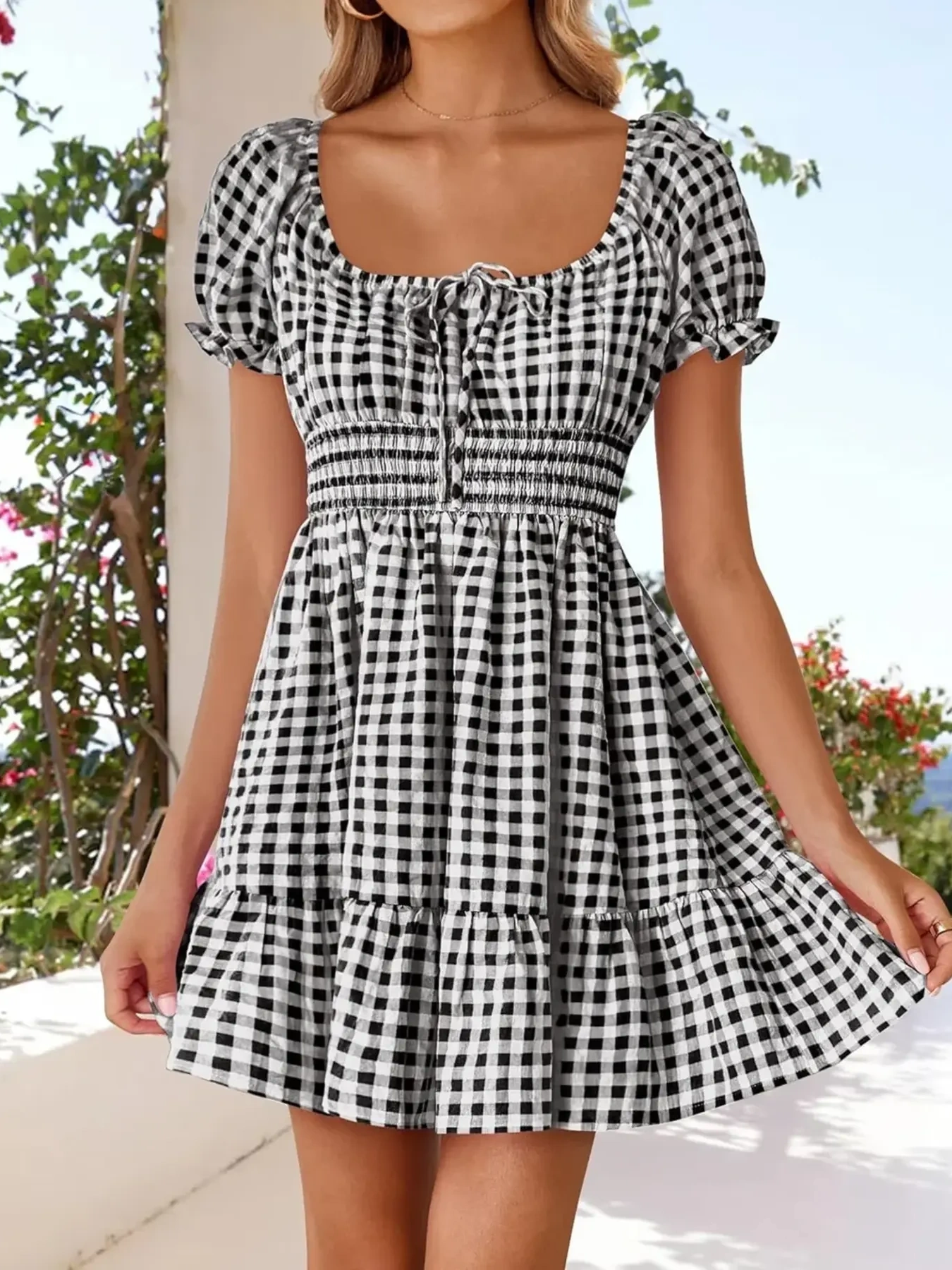 Gingham Smocked Puff Sleeve Summer Dress, image 17