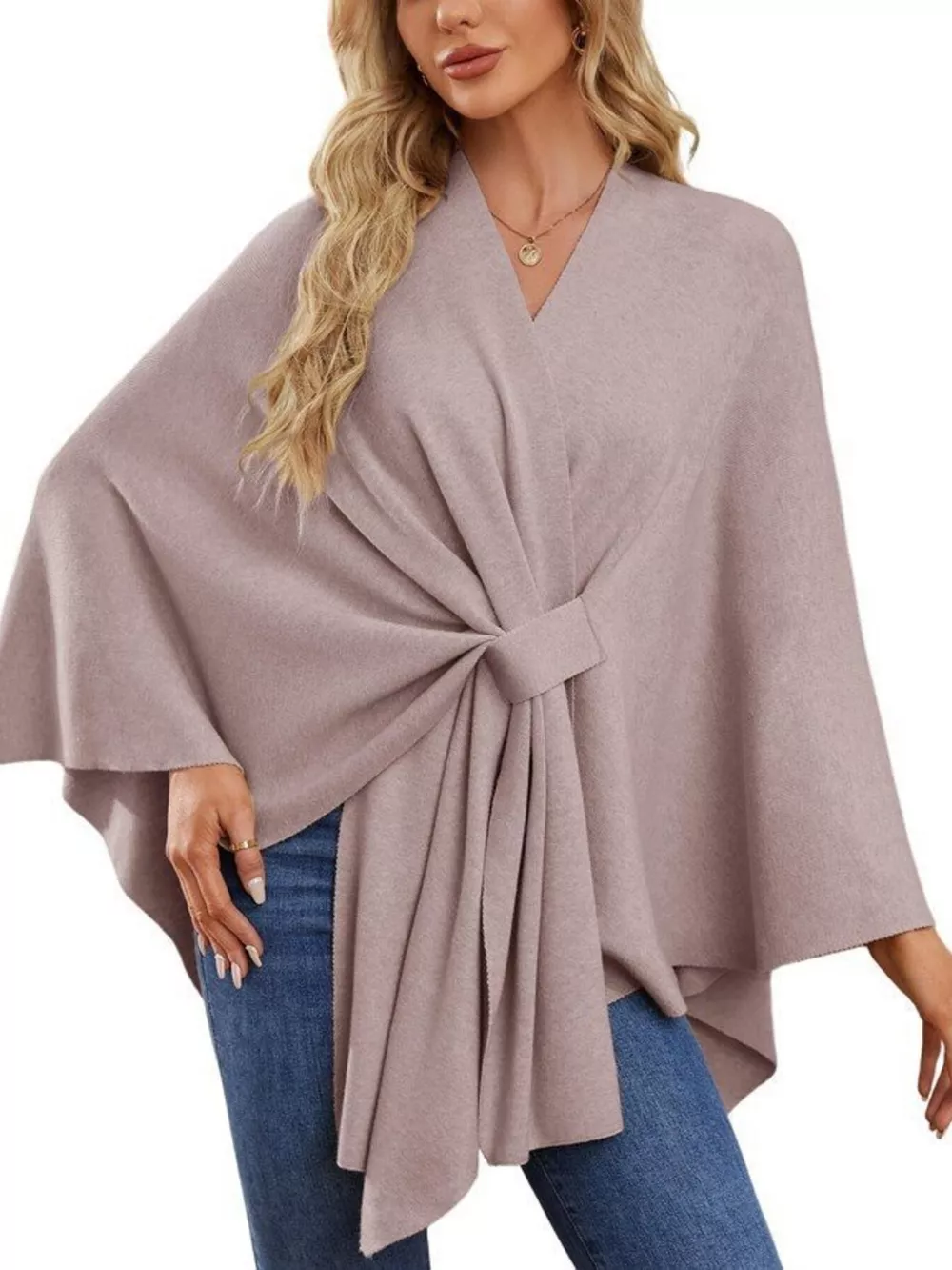 Solid Color Tie-Front Knit Cape Top, image 35