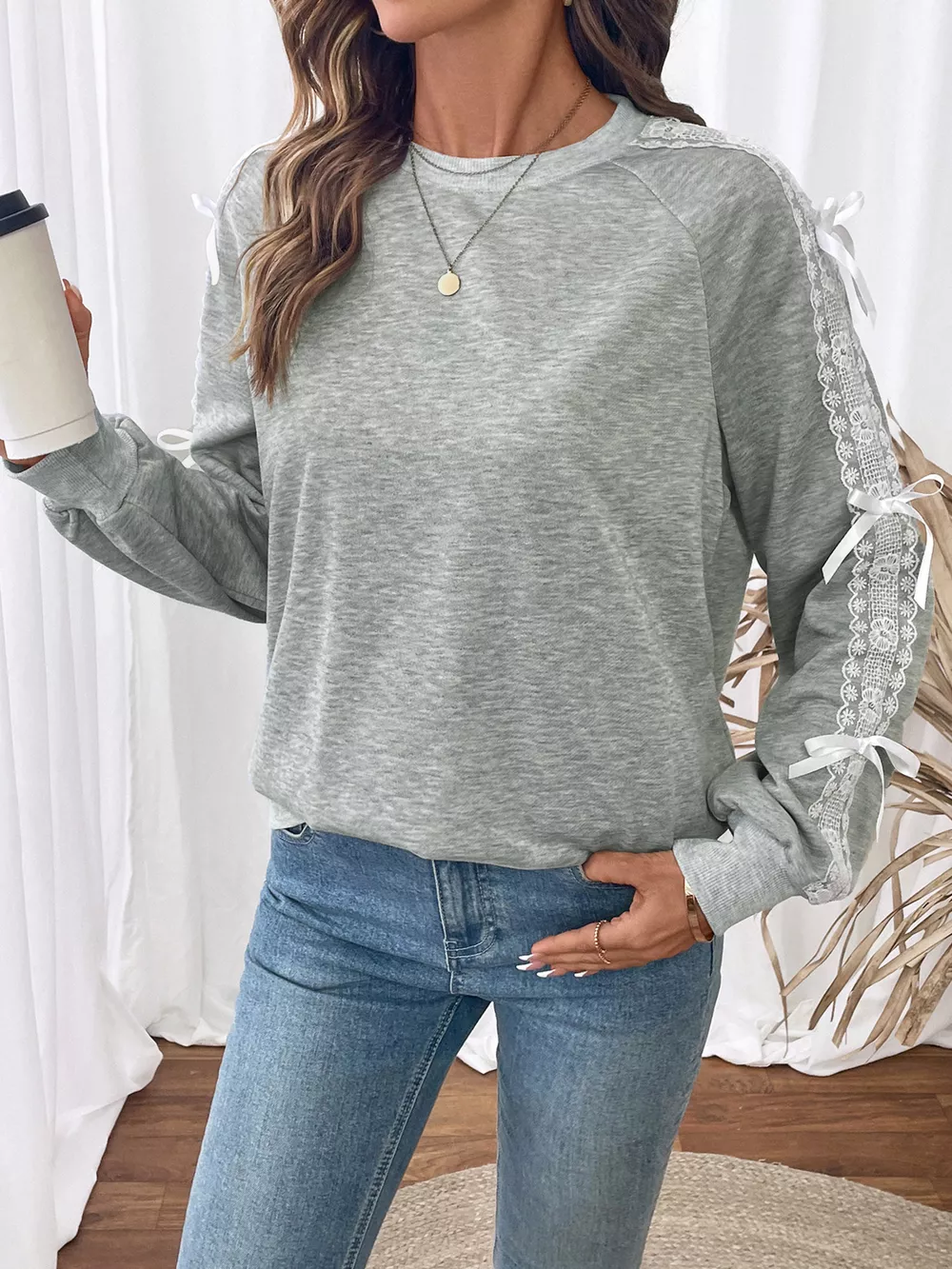 Lace Detail Round Neck Sweatshirt, image 10