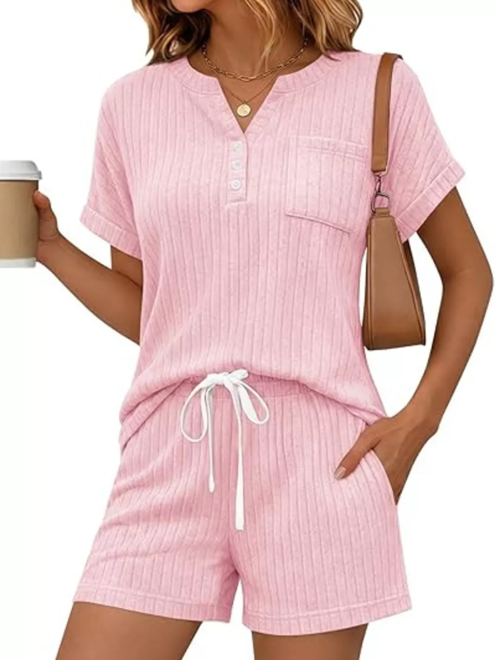 Casual Ribbed Knit Tee and Shorts Set, image 25