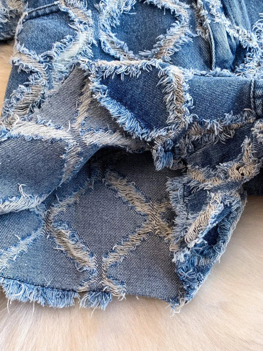 Distressed Diamond Pattern Jacket and Shorts Denim Set, image 6