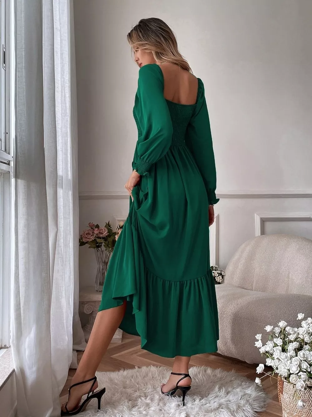 Smocked Long Sleeve Midi Dress, image 5
