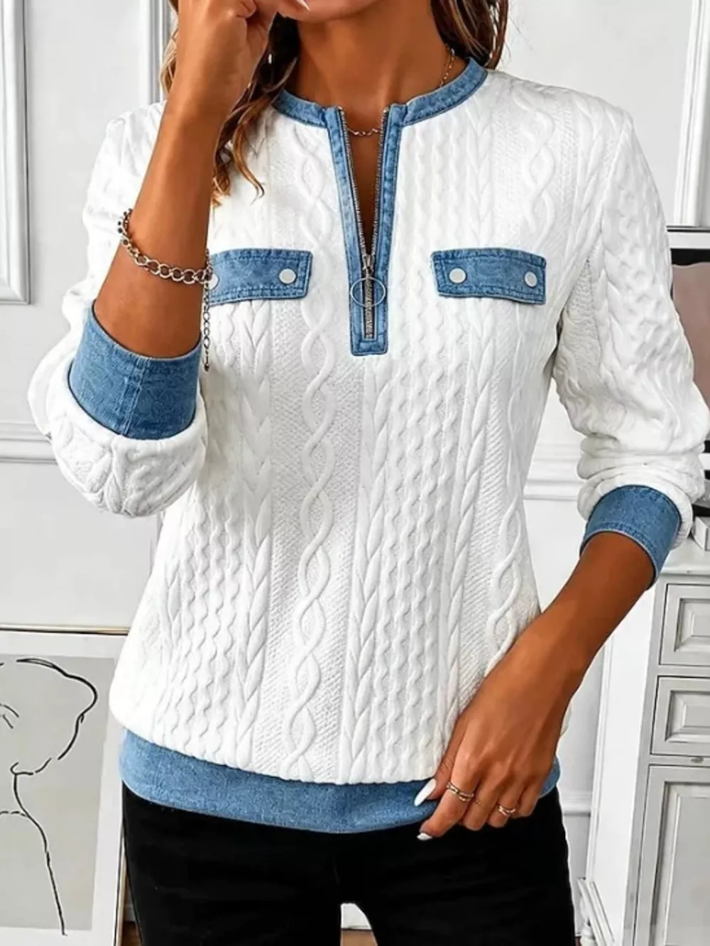 Full Size Denim Contrast Trim Quarter Zip Texture Sweatshirt Plus Size, image 5