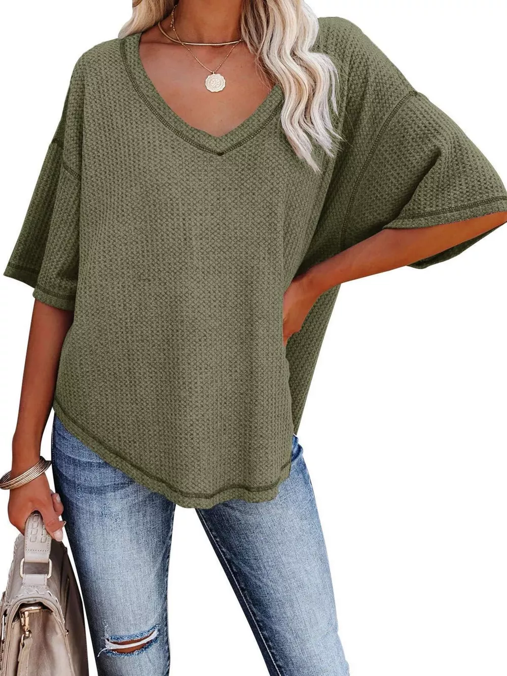 Waffle Knit V-Neck Short Sleeve T-Shirt, image 27