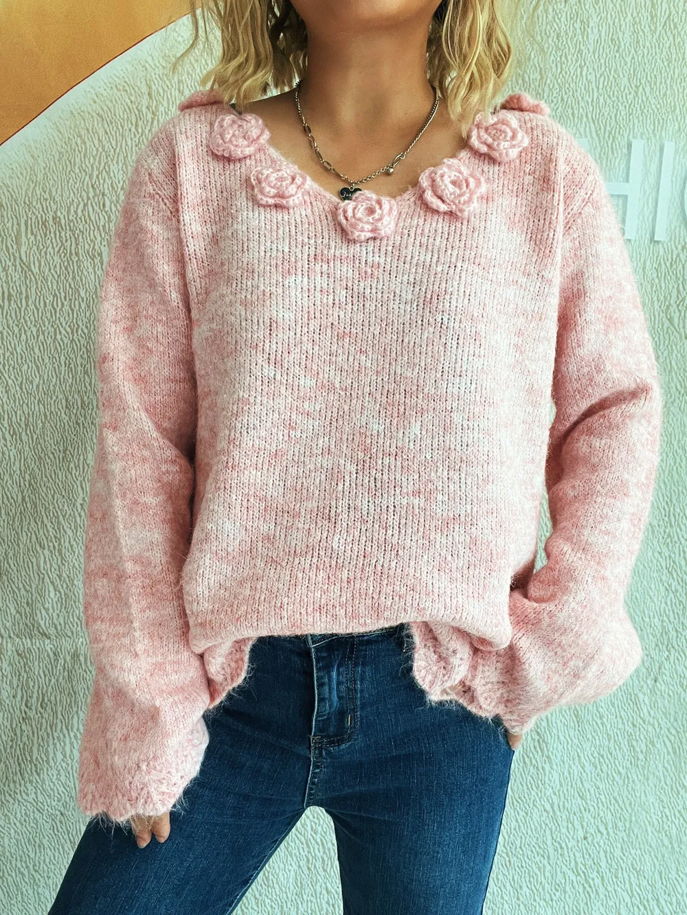 Flower V-Neck Long Sleeve Sweater, image 13