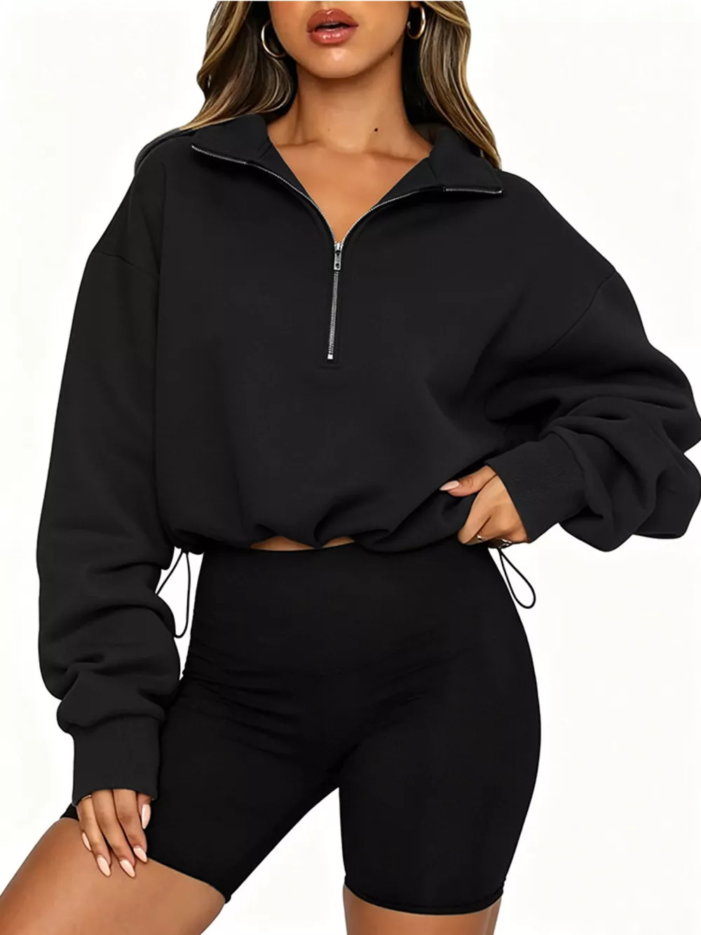 Half Zip Drawstring Hem Sweatshirt, image 5