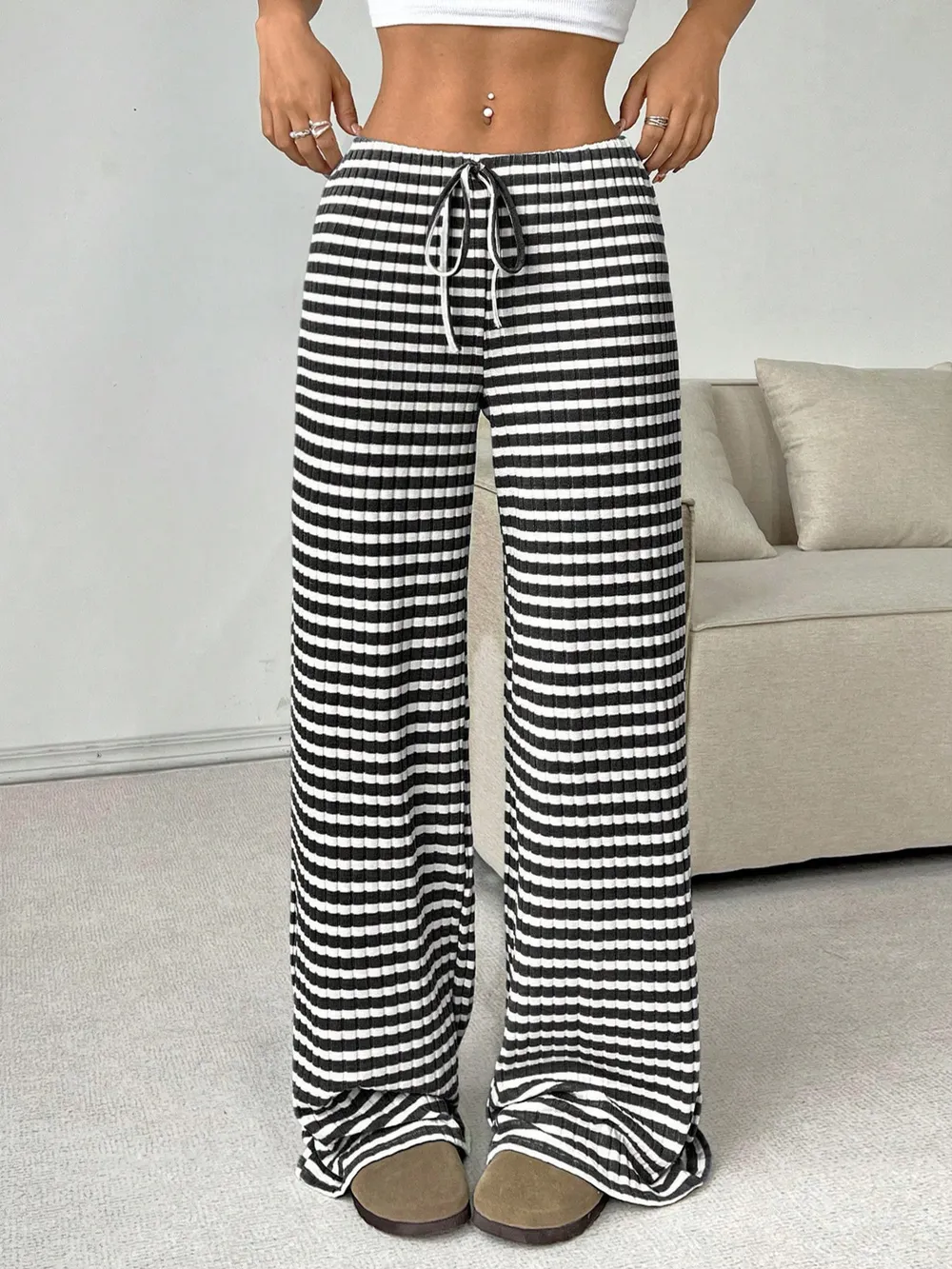 Striped Wide Leg Drawstring Pants, image 35