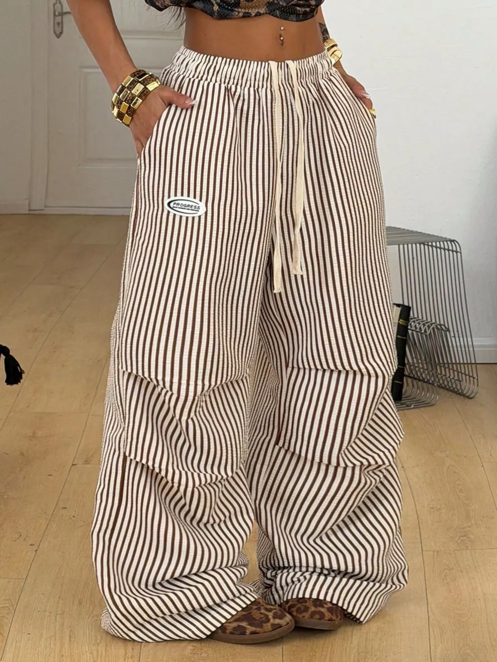 High-Waisted Striped Wide-Leg Cargo Pants with Drawstring