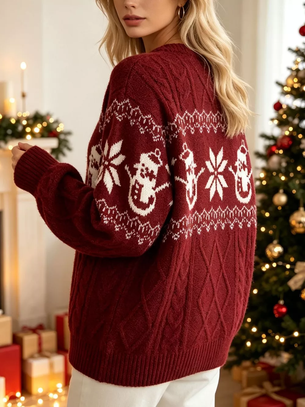 Christmas Snowman Pattern Cable Knit Sweater, image 20
