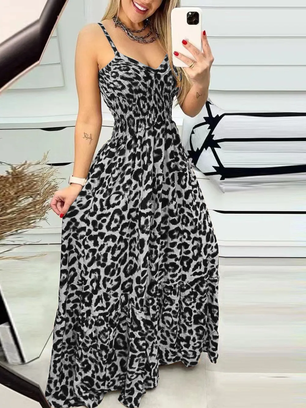 Full Size Leopard Print Spaghetti Strap Maxi Dress Plus Size, image 18