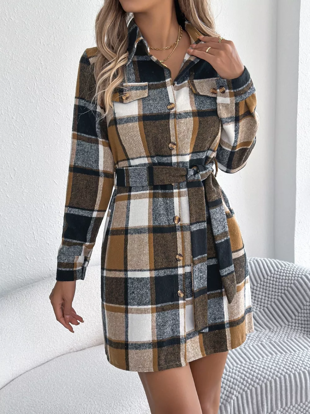 Plaid Button Front Tie Waist Shirt Dress, image 16
