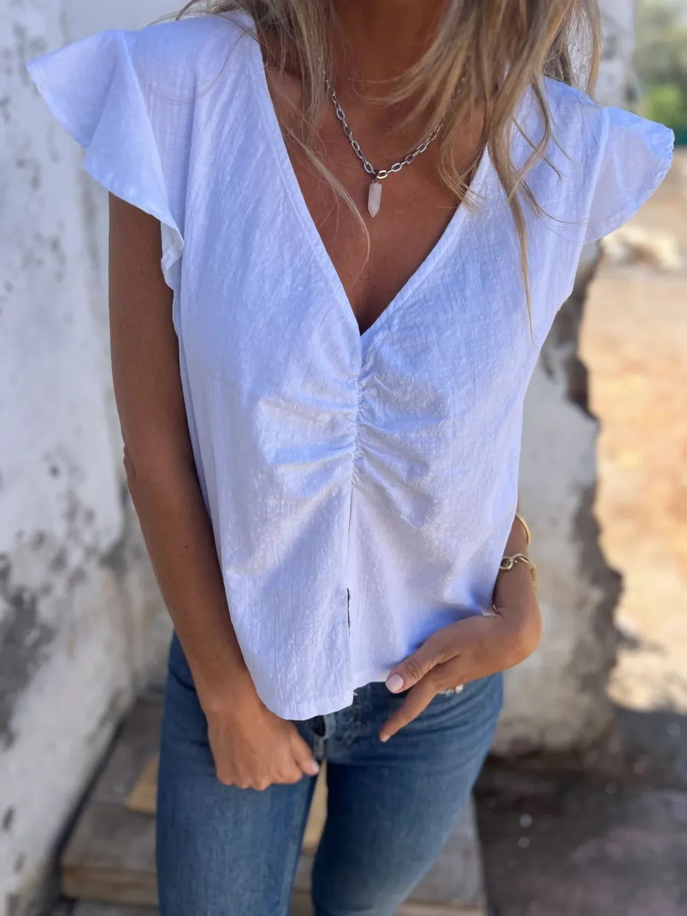 Full Size Ruched V-Neck Cap Sleeve Blouse Plus Size, image 13
