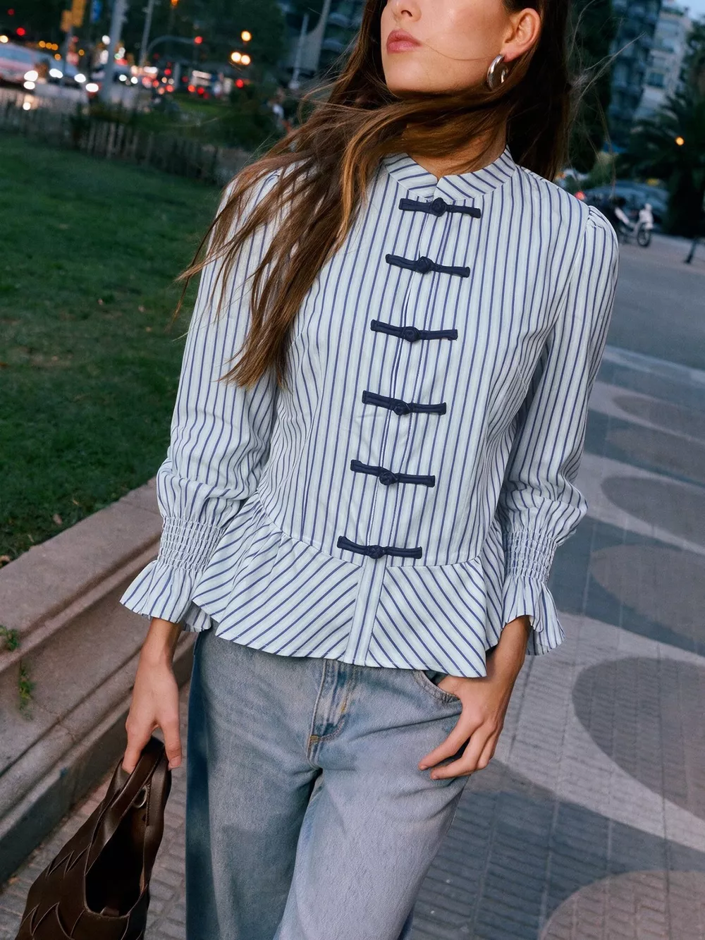 Striped Mandarin Knot Buttons Peplum Hem Shirt, image 6