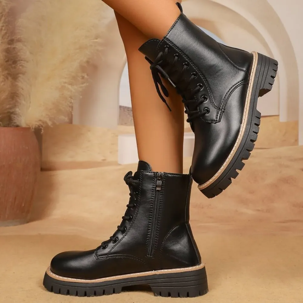 Lace Up Leather Combat Boots with Chunky Sole, image 5