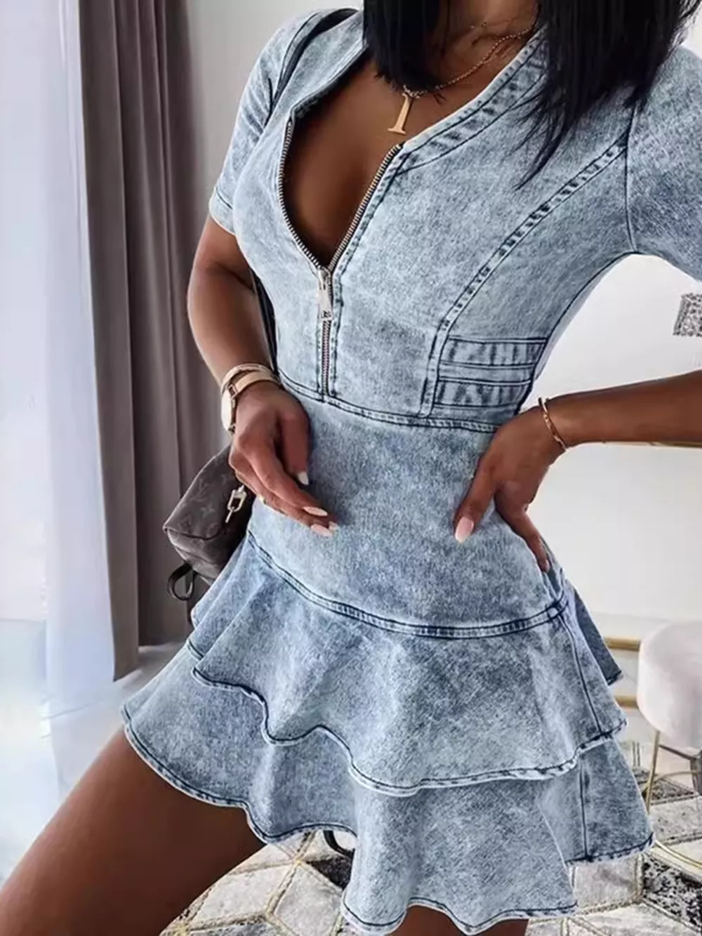 Front Zipper Ruffled Layered Denim Dress, image 2