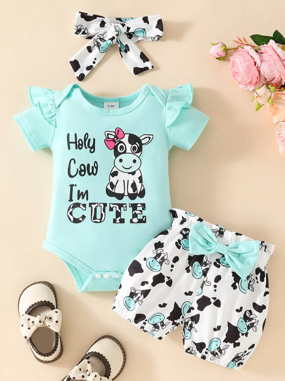Children's Ruffled Cow Bodysuit and Shorts Set with Headband, image 2