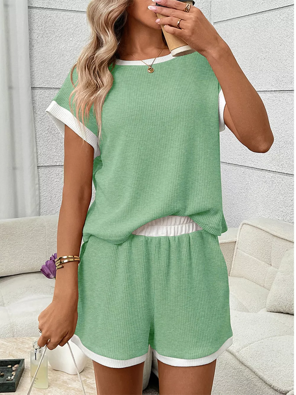Contrast Trim Short Sleeve Top and Shorts Set, image 18