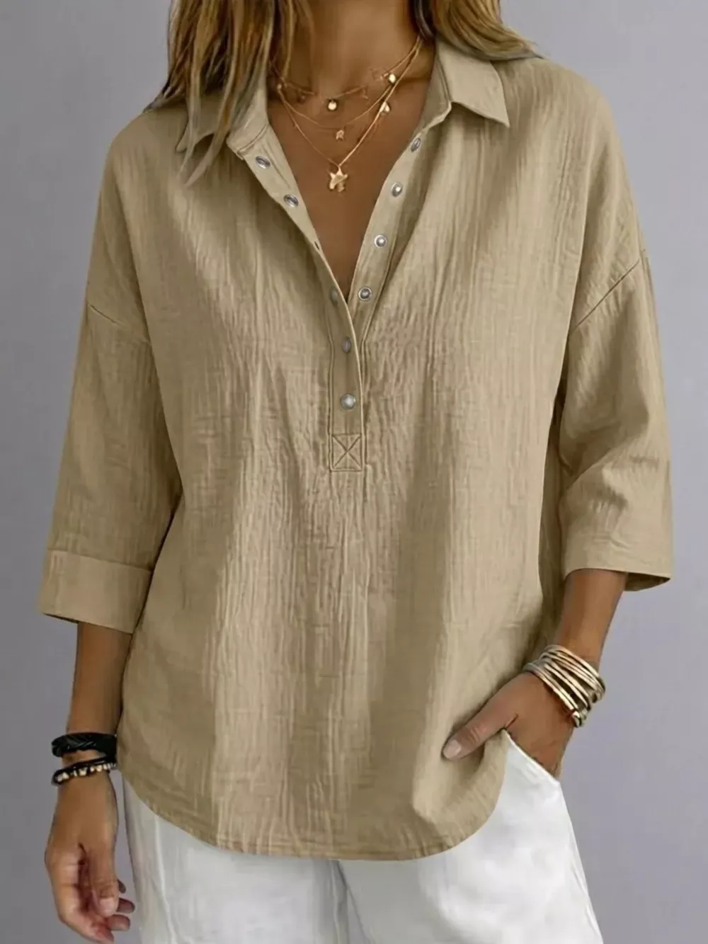 Full Size Snap Down 3/4 Sleeves Blouse Plus Size, image 7