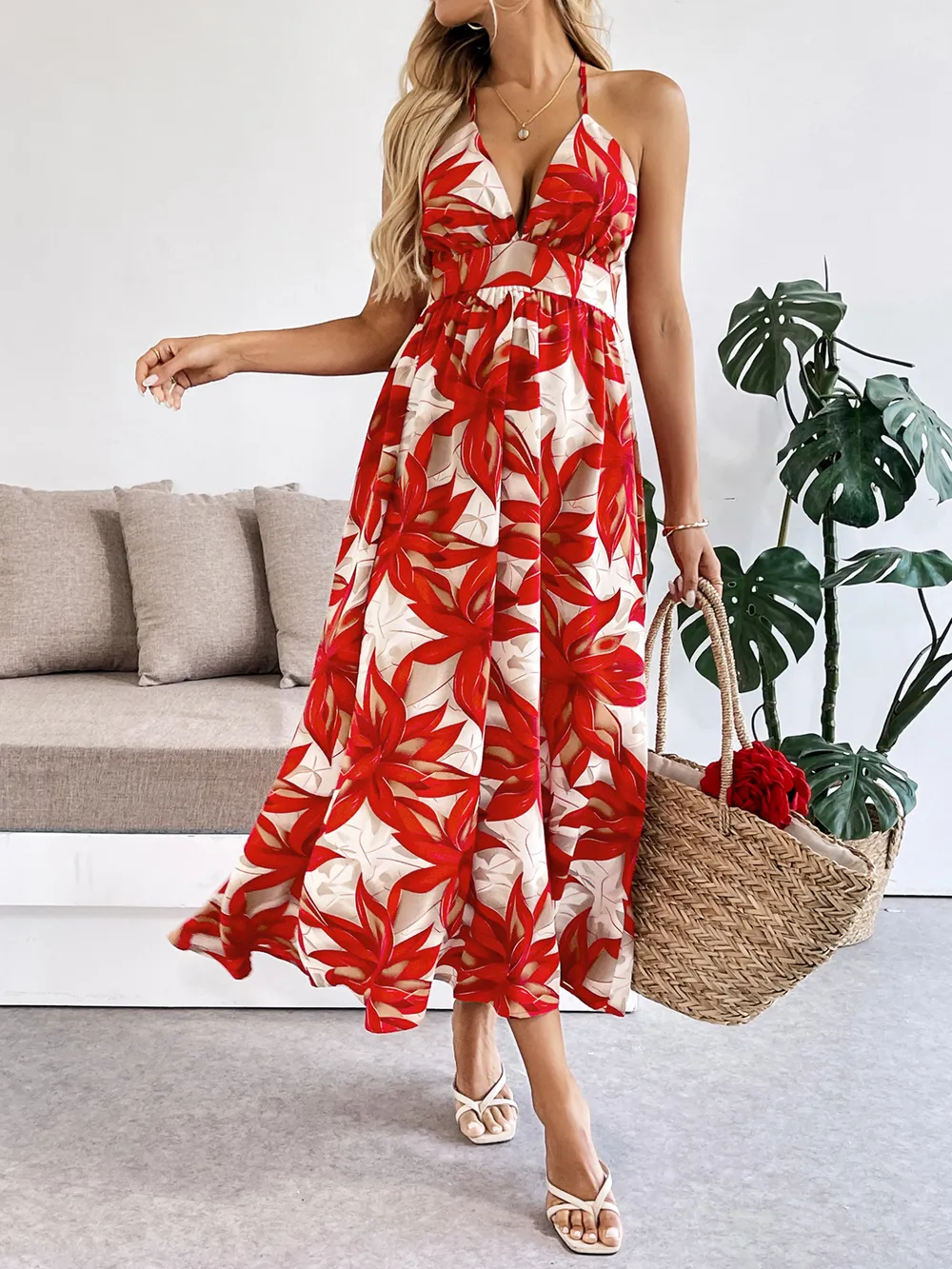 Crisscross Back Printed Midi Dress with Cutout Detail, image 4