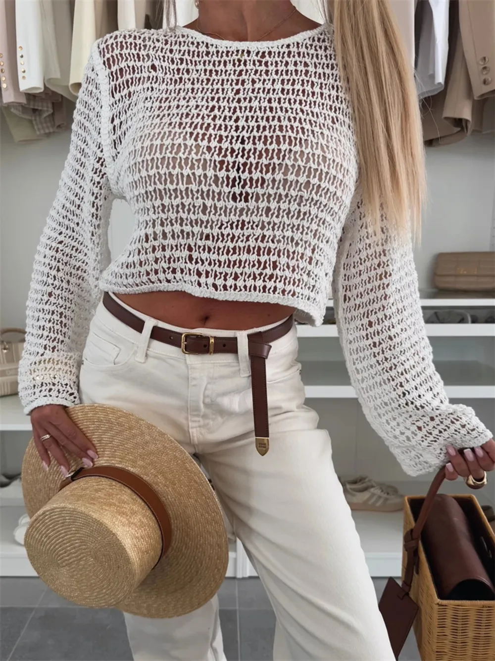 Openwork Round Neck Knit Cover Up, image 6