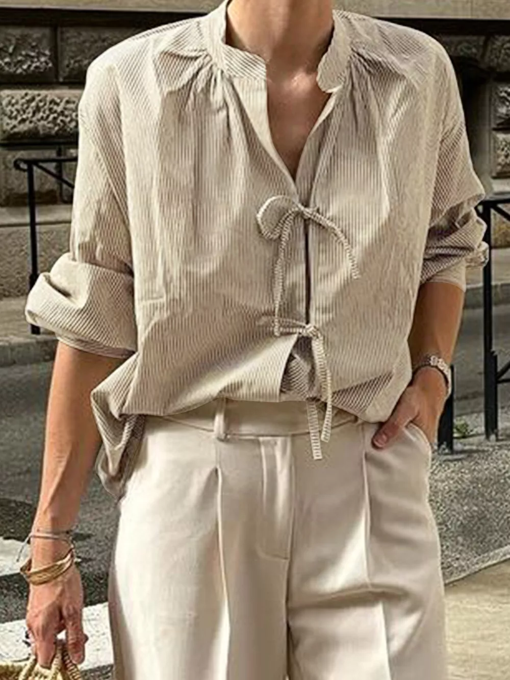 Striped Tie-Front Long Sleeve Shirt, image 6