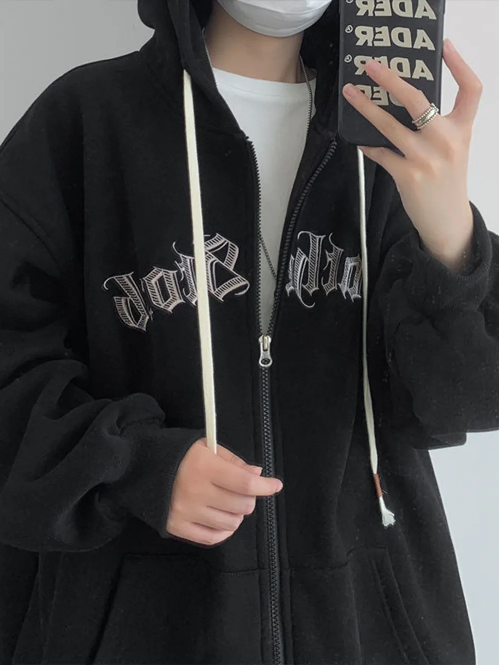Men's Plus Size Letter Zip Up Drawstring Hoodie, image 4