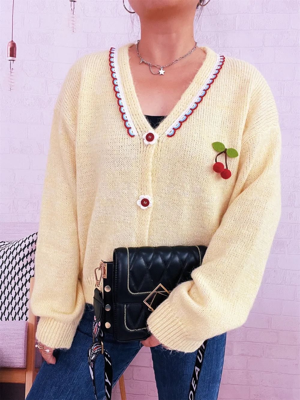 Cherry Button-Front Long Sleeve Cardigan, image 15