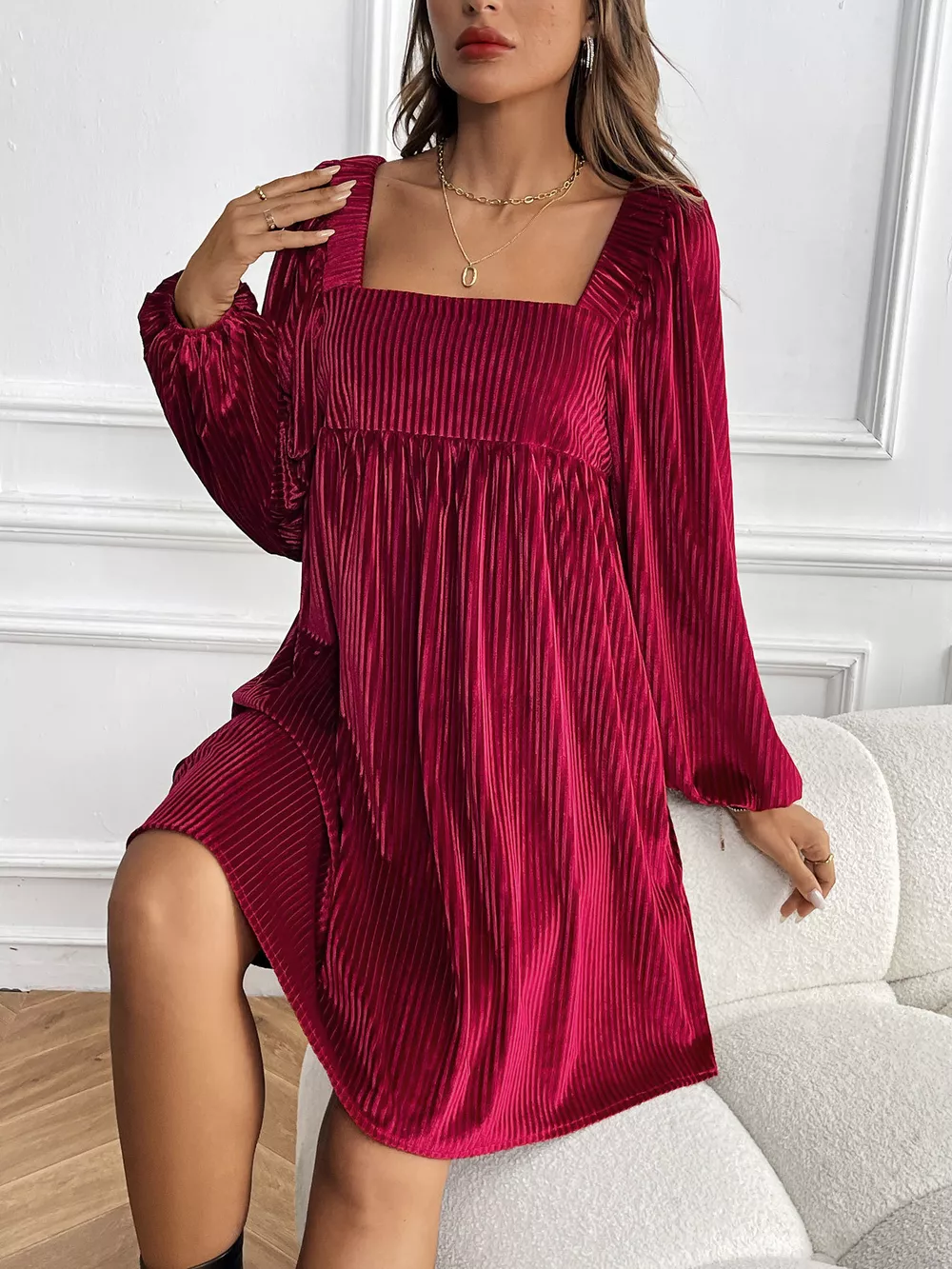 Velvet Square Neck Long Sleeve Dress, image 16