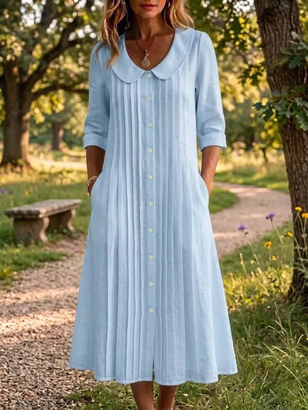 Full Size Peter Pan Collar Button Down Dress Plus Size, image 3