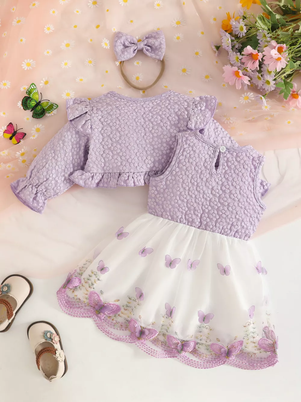 Children's Floral and Butterfly Dress and Cardigan Set with Headband, image 8