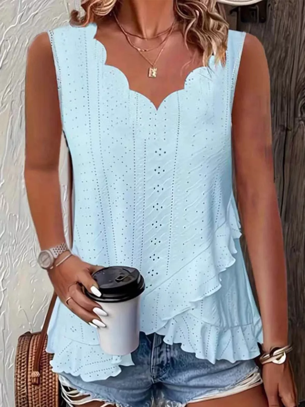 V-Neck Eyelet Ruffled Tank Top, image 3