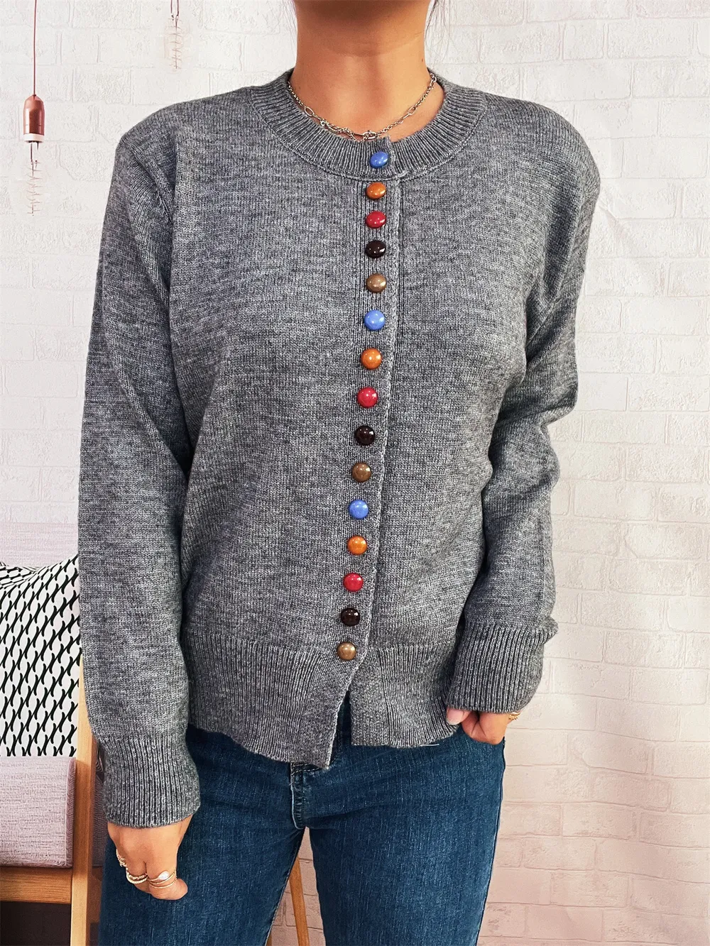 Button-Front Cardigan with Colorful Detail Buttons, image 29