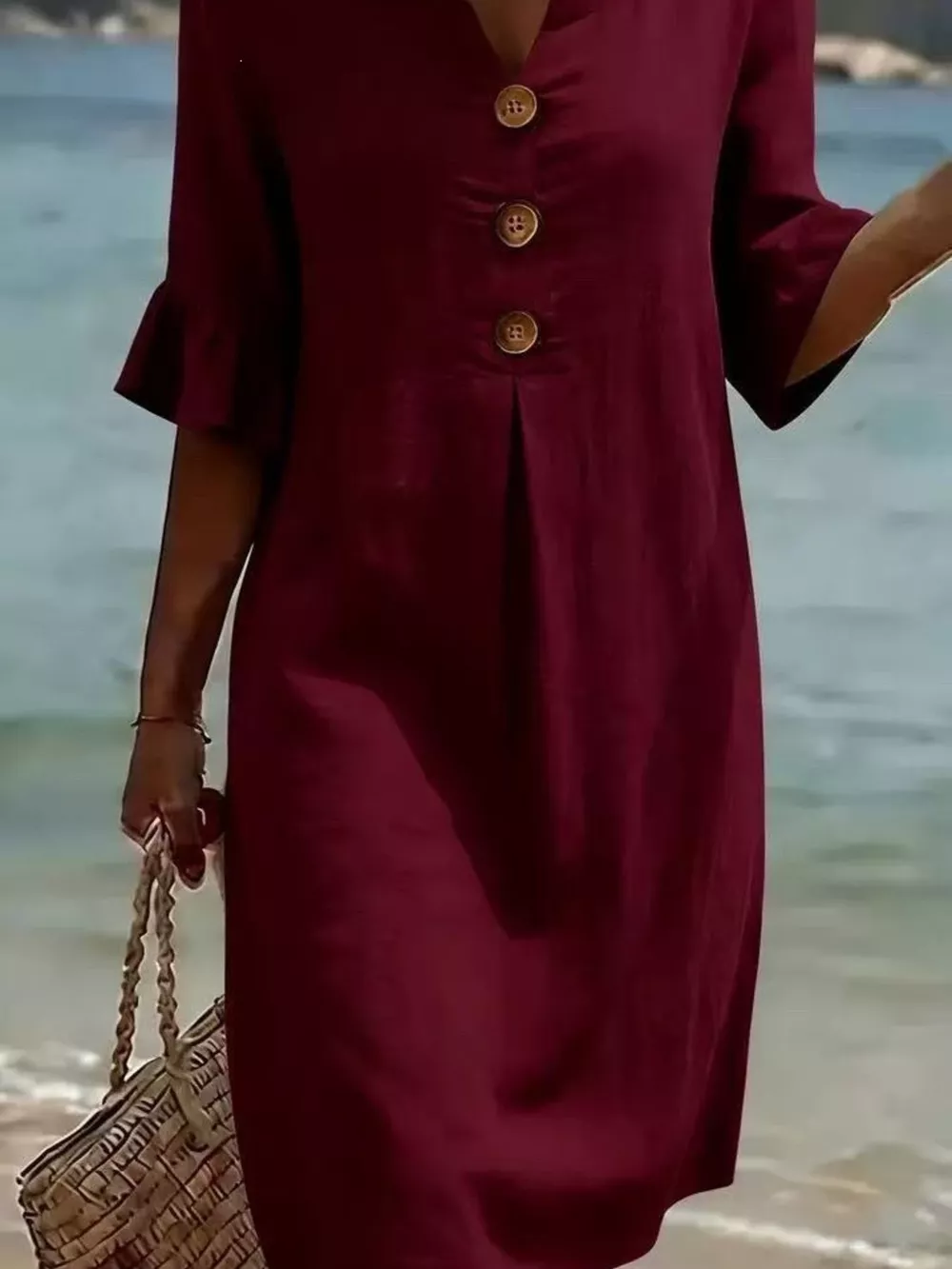 Full Size Button Decor Ruffle Sleeve Midi Dress Plus Size, image 9