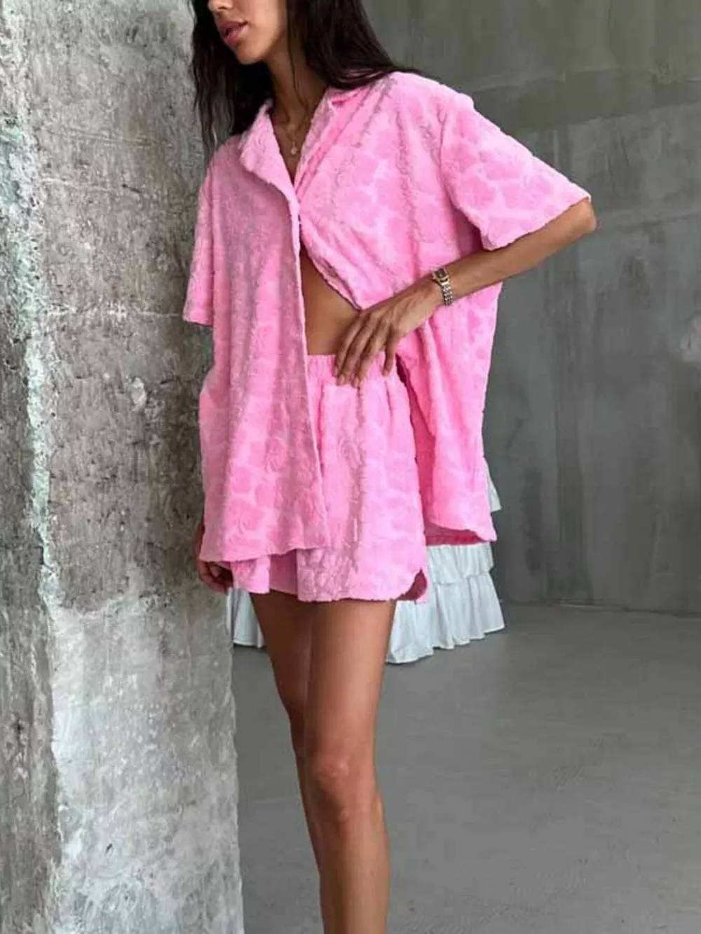 Floral Textured Button Up Shirt and Shorts Set, image 5